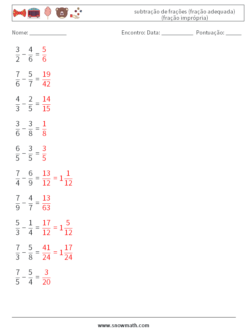 (10) subtração de frações (fração adequada) (fração imprópria) planilhas matemáticas 11 Pergunta, Resposta