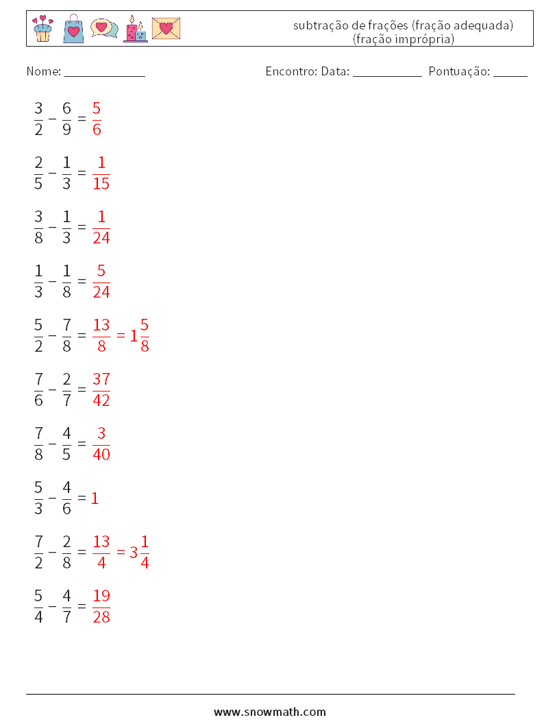 (10) subtração de frações (fração adequada) (fração imprópria) planilhas matemáticas 12 Pergunta, Resposta