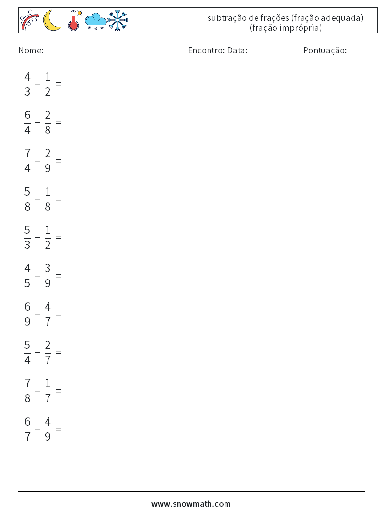 (10) subtração de frações (fração adequada) (fração imprópria) planilhas matemáticas 13