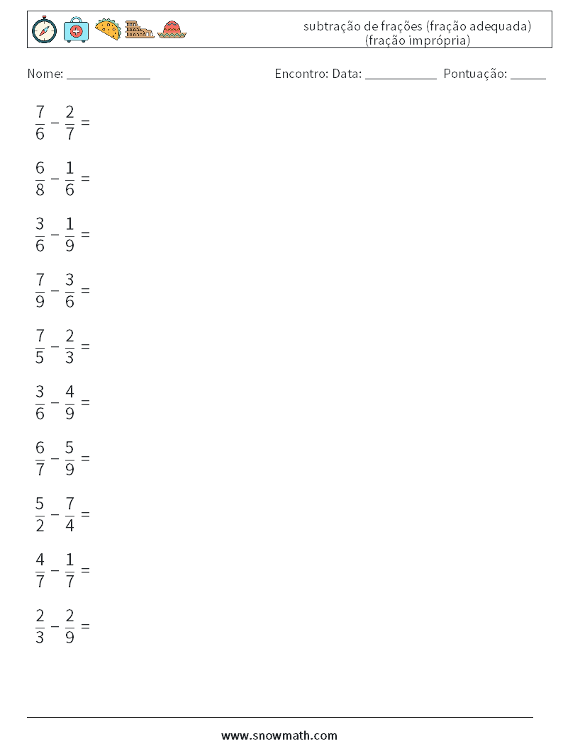 (10) subtração de frações (fração adequada) (fração imprópria) planilhas matemáticas 15