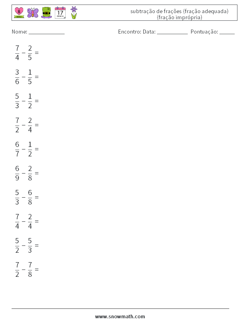 (10) subtração de frações (fração adequada) (fração imprópria) planilhas matemáticas 17