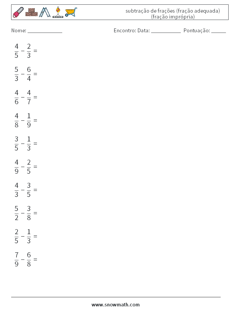 (10) subtração de frações (fração adequada) (fração imprópria) planilhas matemáticas 18