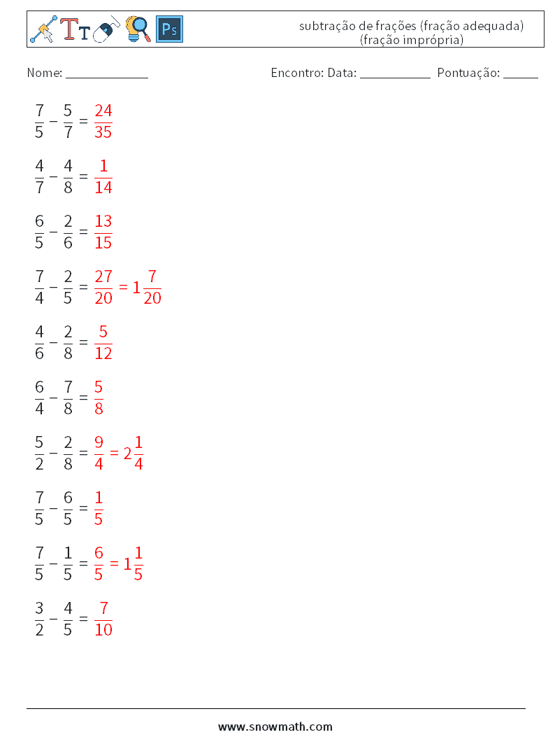 (10) subtração de frações (fração adequada) (fração imprópria) planilhas matemáticas 1 Pergunta, Resposta