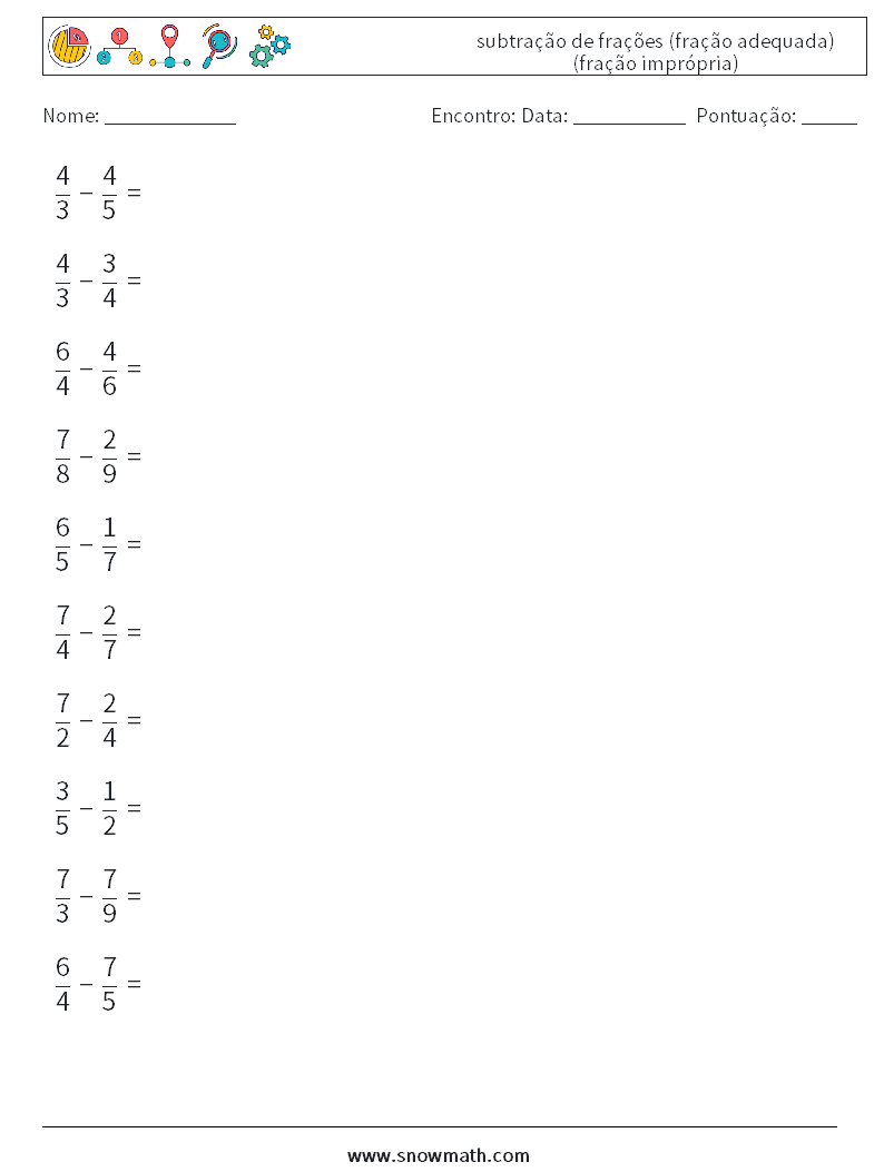 (10) subtração de frações (fração adequada) (fração imprópria) planilhas matemáticas 3