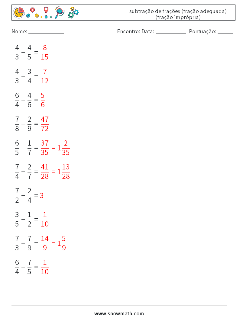 (10) subtração de frações (fração adequada) (fração imprópria) planilhas matemáticas 3 Pergunta, Resposta