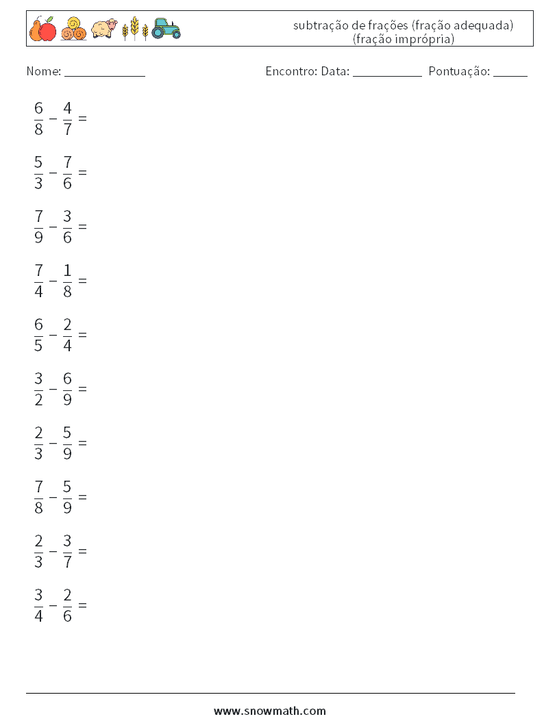 (10) subtração de frações (fração adequada) (fração imprópria) planilhas matemáticas 6