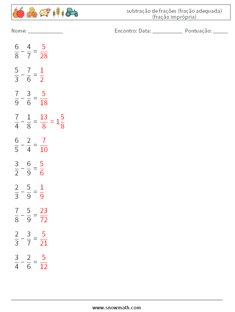 (10) subtração de frações (fração adequada) (fração imprópria) planilhas matemáticas 6 Pergunta, Resposta