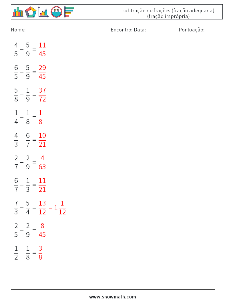 (10) subtração de frações (fração adequada) (fração imprópria) planilhas matemáticas 7 Pergunta, Resposta