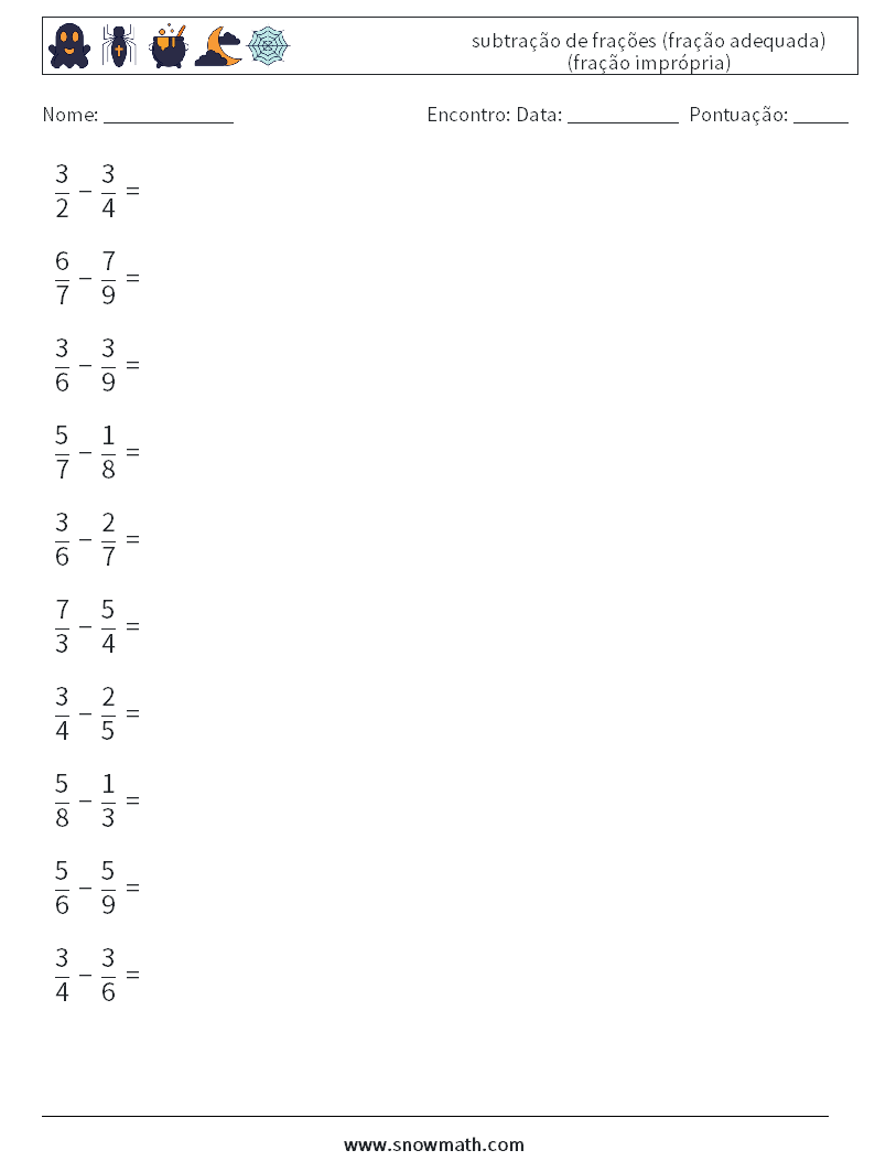 (10) subtração de frações (fração adequada) (fração imprópria) planilhas matemáticas 8