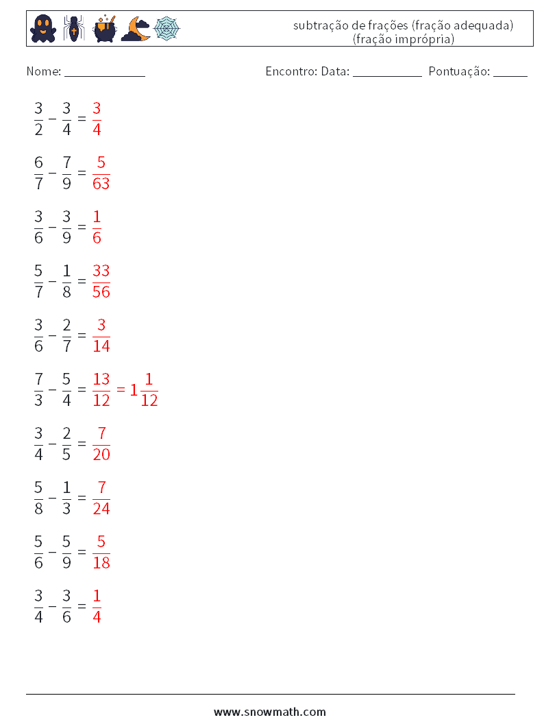 (10) subtração de frações (fração adequada) (fração imprópria) planilhas matemáticas 8 Pergunta, Resposta