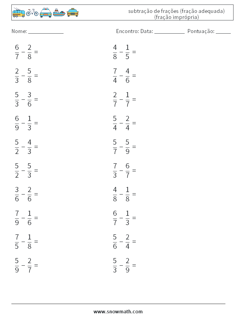 (20) subtração de frações (fração adequada) (fração imprópria) planilhas matemáticas 10