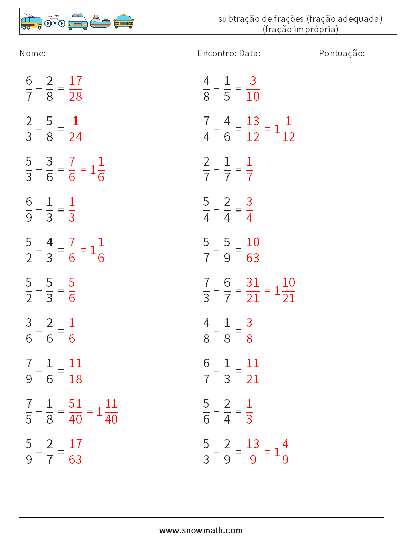 (20) subtração de frações (fração adequada) (fração imprópria) planilhas matemáticas 10 Pergunta, Resposta