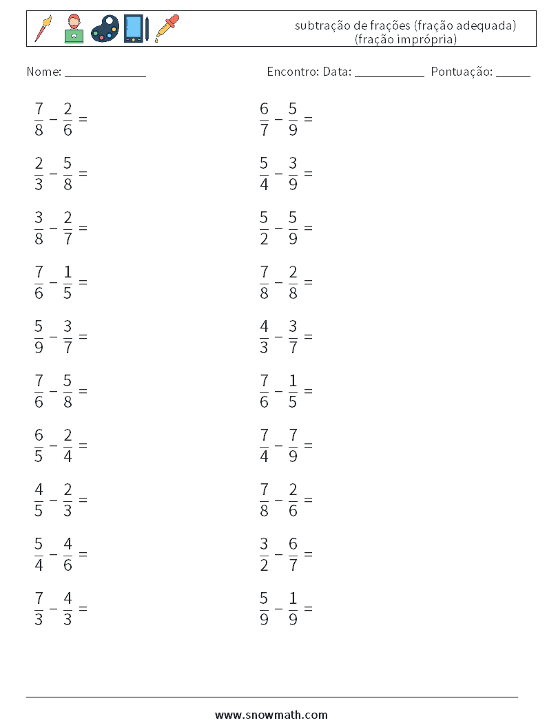 (20) subtração de frações (fração adequada) (fração imprópria) planilhas matemáticas 11