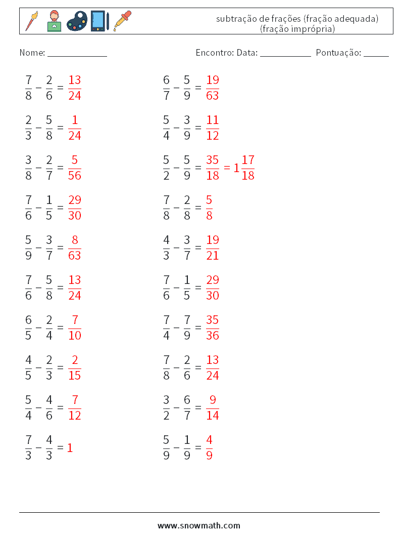 (20) subtração de frações (fração adequada) (fração imprópria) planilhas matemáticas 11 Pergunta, Resposta