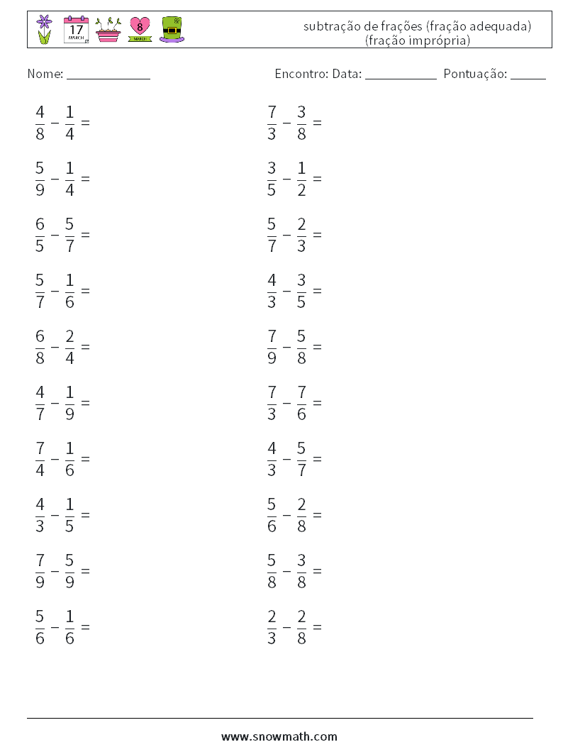 (20) subtração de frações (fração adequada) (fração imprópria) planilhas matemáticas 12