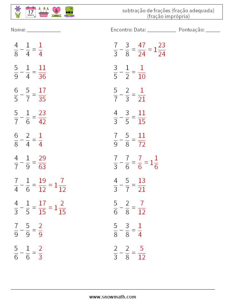 (20) subtração de frações (fração adequada) (fração imprópria) planilhas matemáticas 12 Pergunta, Resposta
