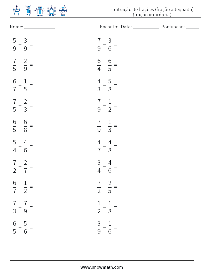 (20) subtração de frações (fração adequada) (fração imprópria) planilhas matemáticas 13