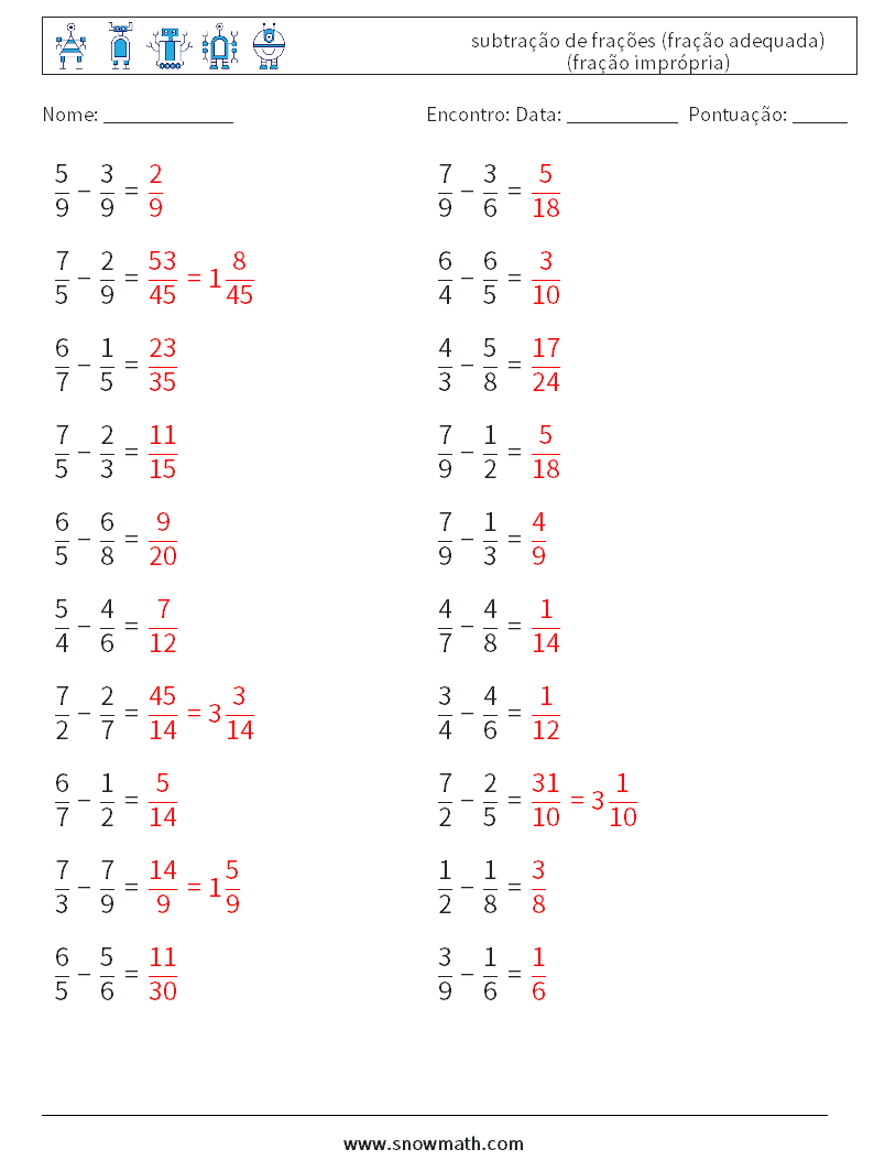 (20) subtração de frações (fração adequada) (fração imprópria) planilhas matemáticas 13 Pergunta, Resposta