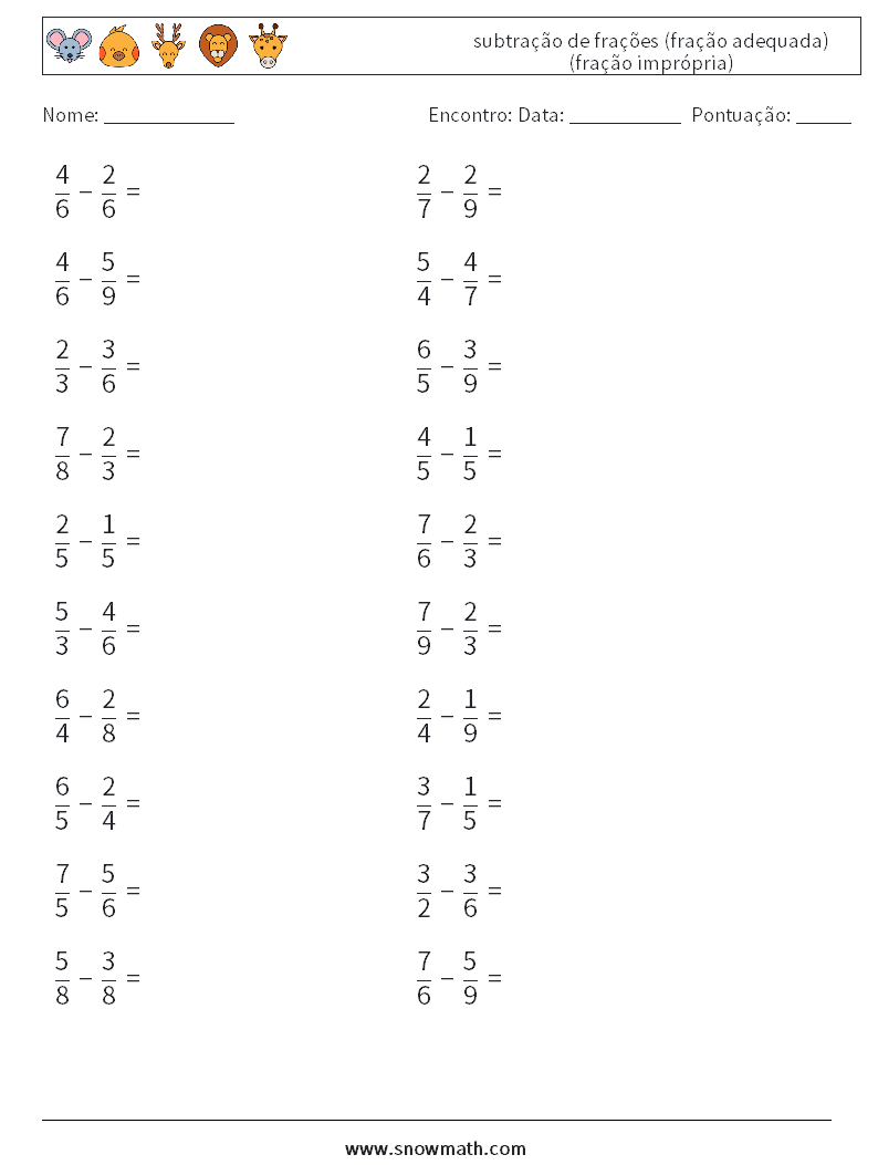 (20) subtração de frações (fração adequada) (fração imprópria) planilhas matemáticas 14