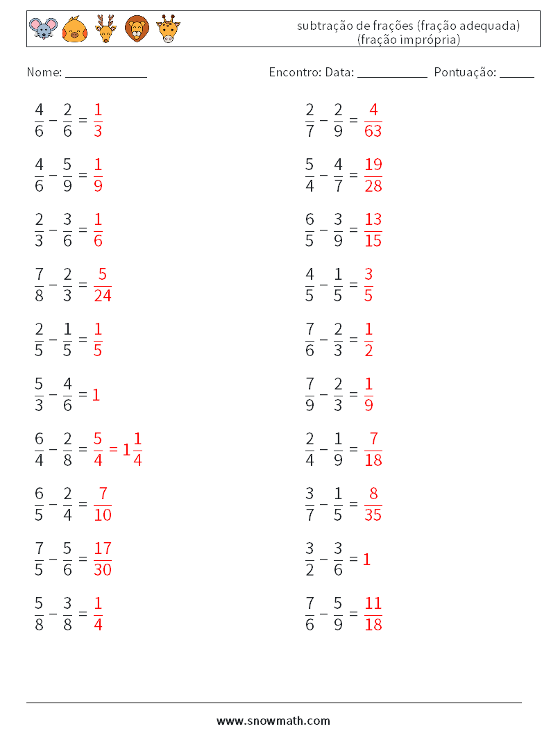 (20) subtração de frações (fração adequada) (fração imprópria) planilhas matemáticas 14 Pergunta, Resposta