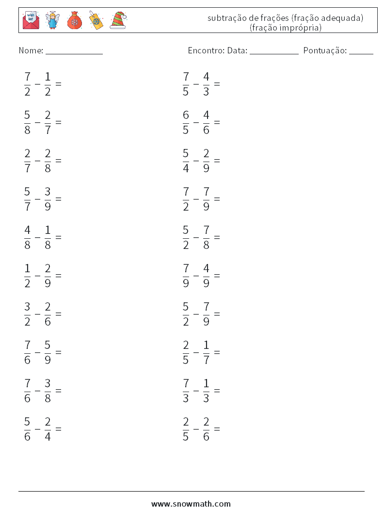 (20) subtração de frações (fração adequada) (fração imprópria) planilhas matemáticas 15