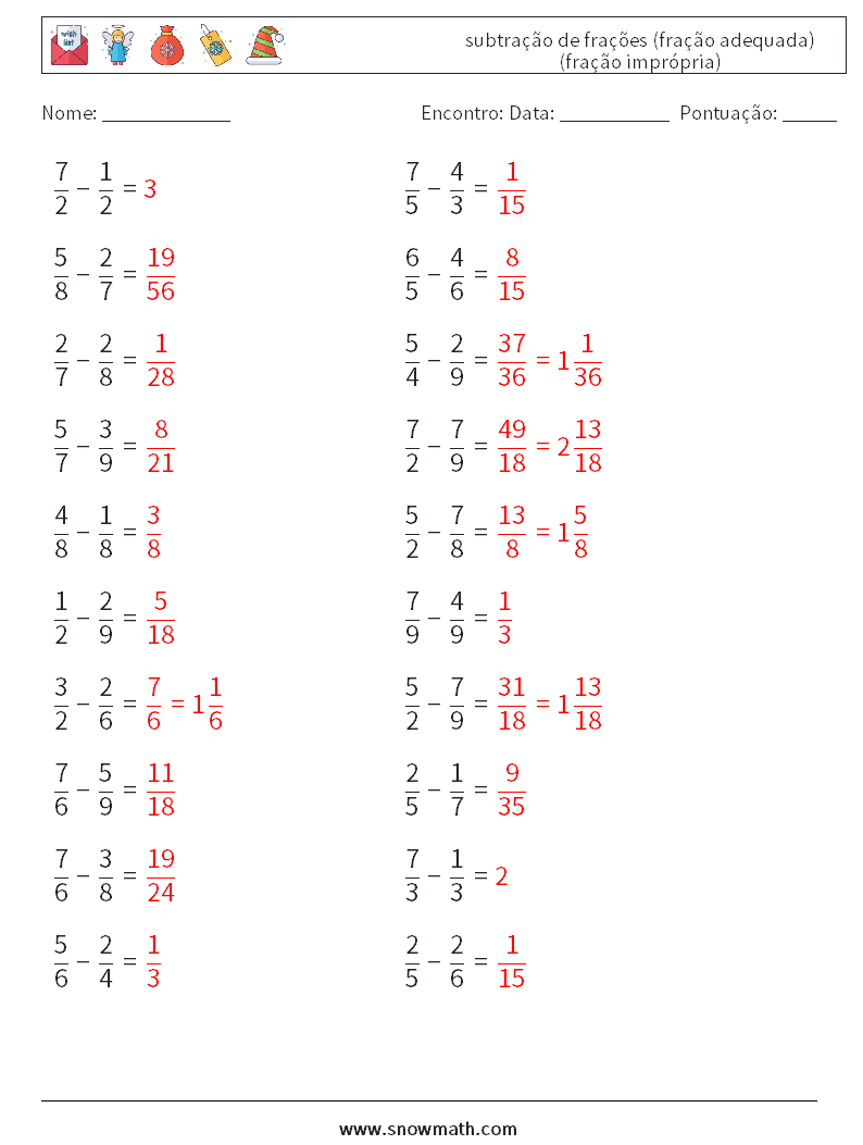 (20) subtração de frações (fração adequada) (fração imprópria) planilhas matemáticas 15 Pergunta, Resposta