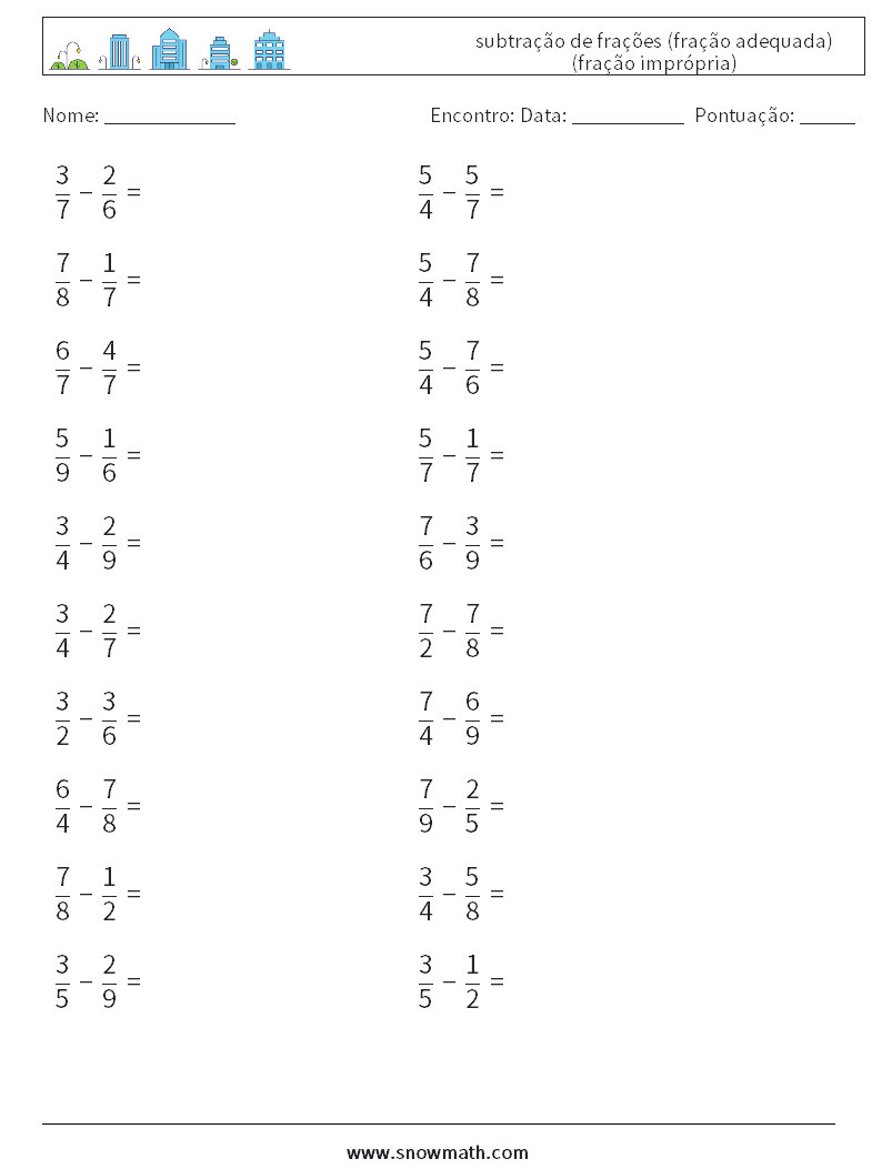 (20) subtração de frações (fração adequada) (fração imprópria) planilhas matemáticas 16
