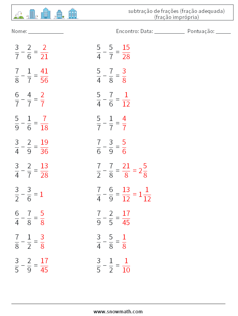 (20) subtração de frações (fração adequada) (fração imprópria) planilhas matemáticas 16 Pergunta, Resposta