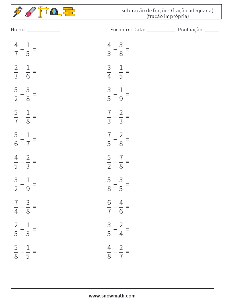 (20) subtração de frações (fração adequada) (fração imprópria) planilhas matemáticas 17