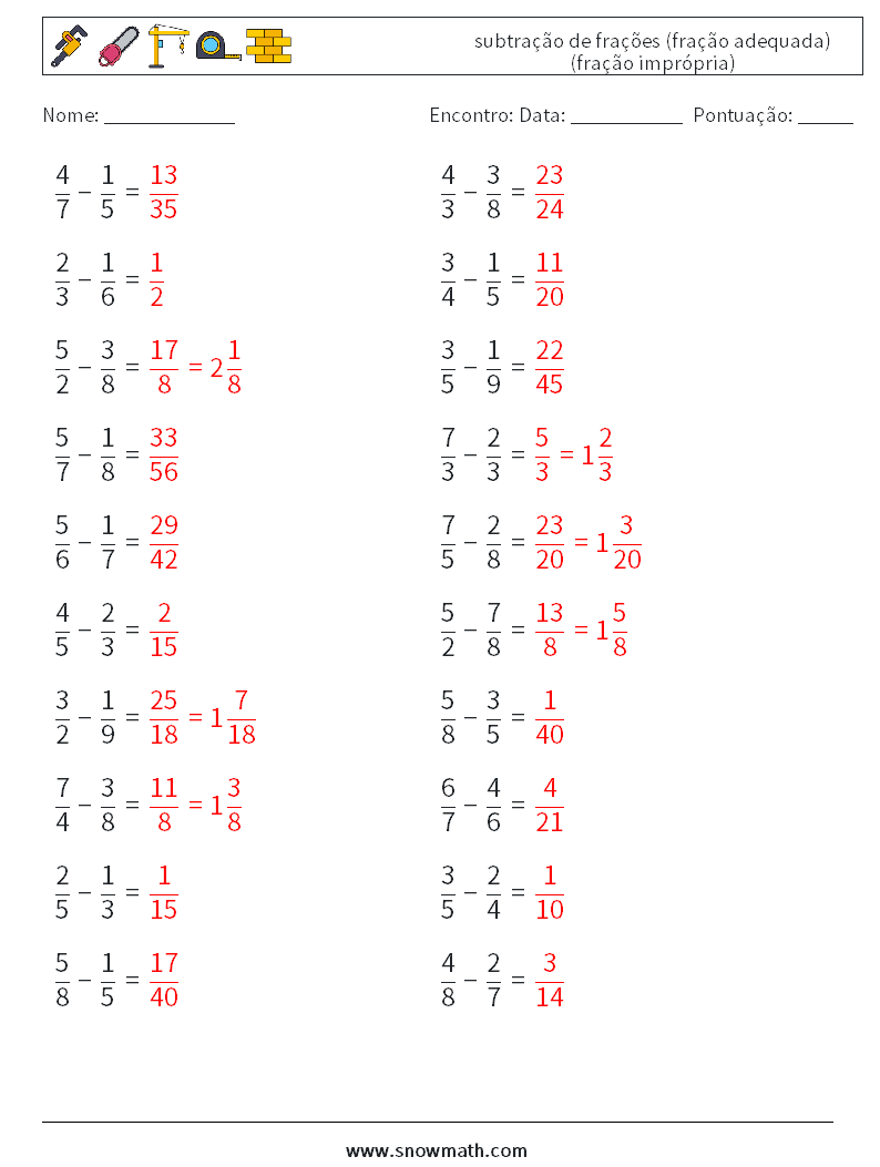 (20) subtração de frações (fração adequada) (fração imprópria) planilhas matemáticas 17 Pergunta, Resposta