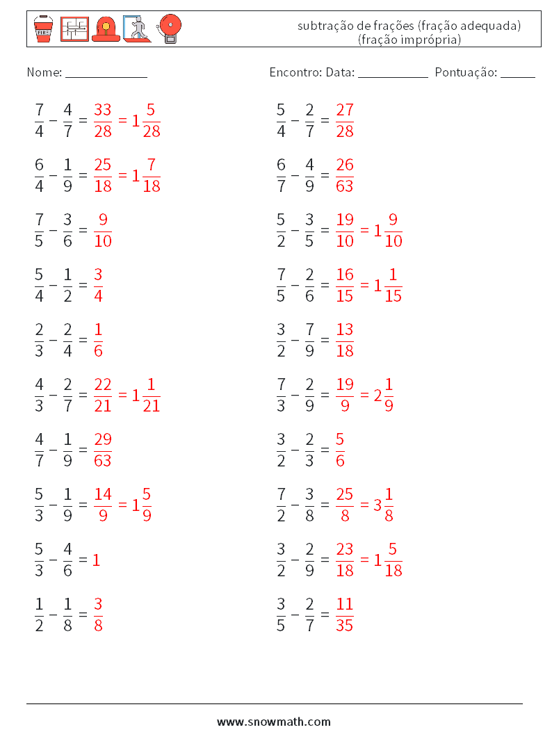 (20) subtração de frações (fração adequada) (fração imprópria) planilhas matemáticas 18 Pergunta, Resposta