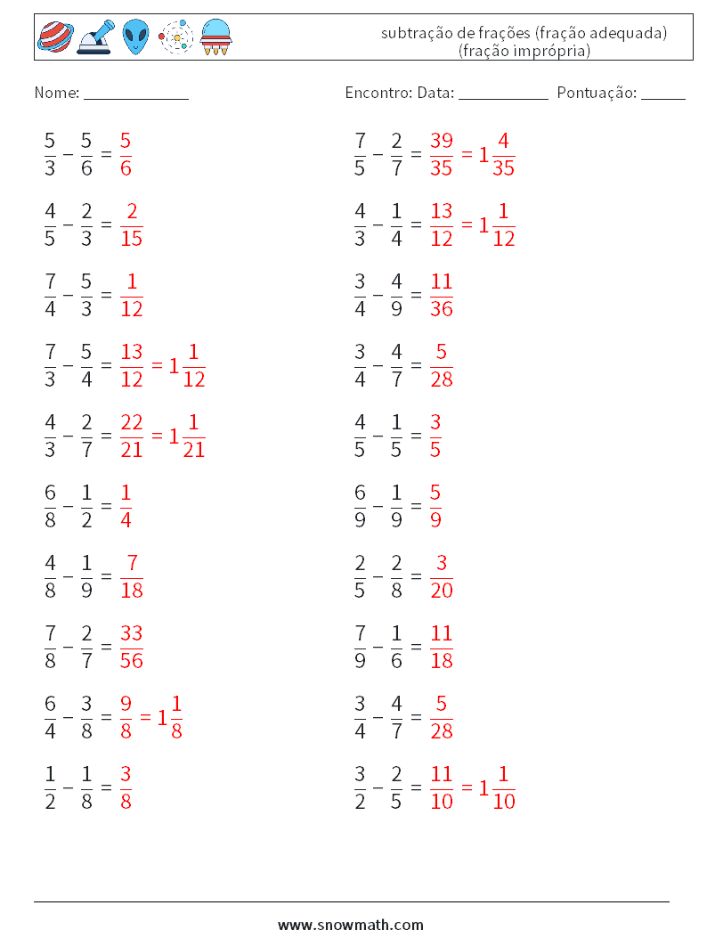 (20) subtração de frações (fração adequada) (fração imprópria) planilhas matemáticas 1 Pergunta, Resposta