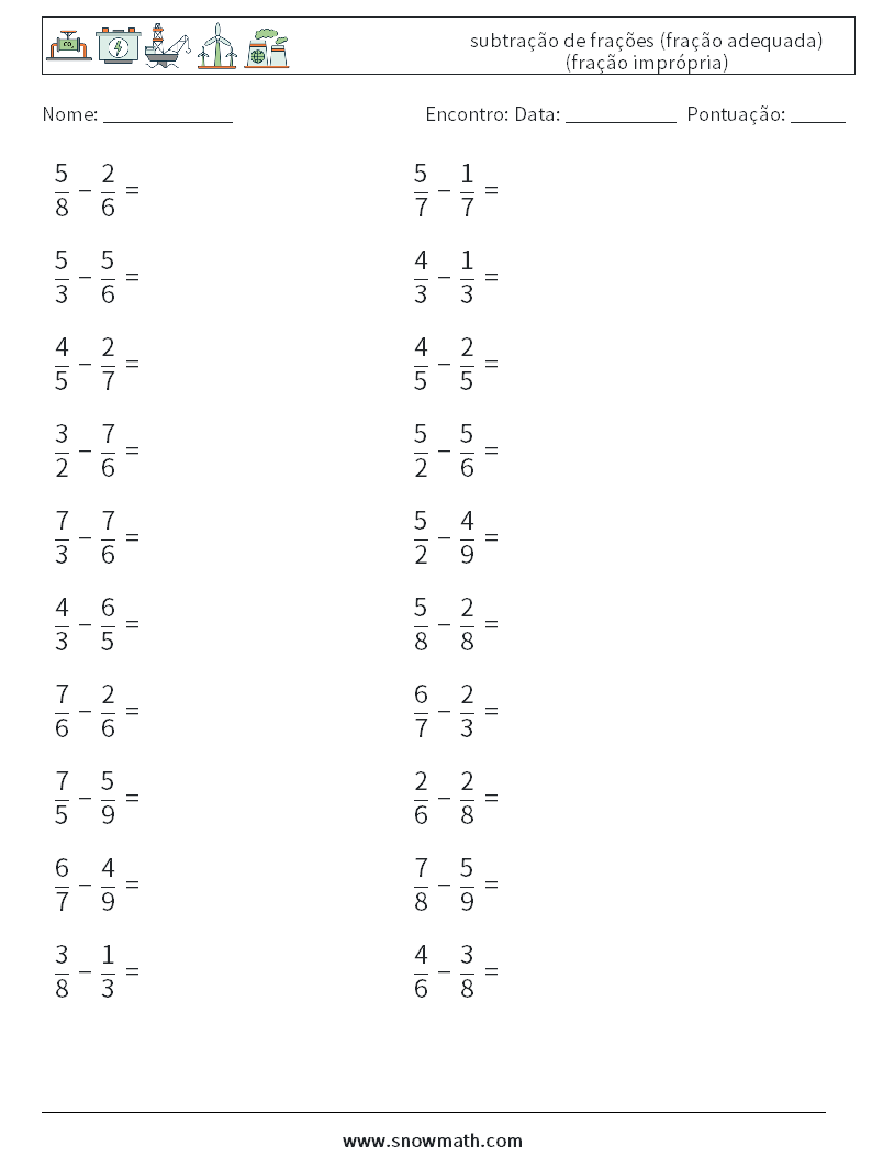 (20) subtração de frações (fração adequada) (fração imprópria) planilhas matemáticas 2