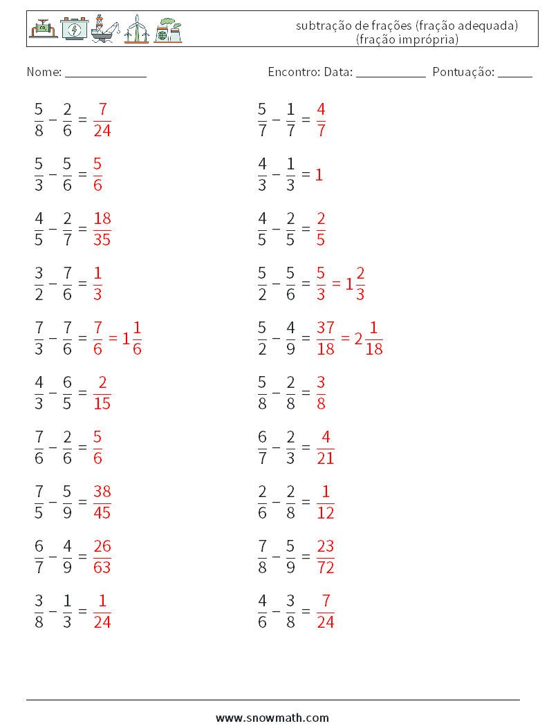 (20) subtração de frações (fração adequada) (fração imprópria) planilhas matemáticas 2 Pergunta, Resposta