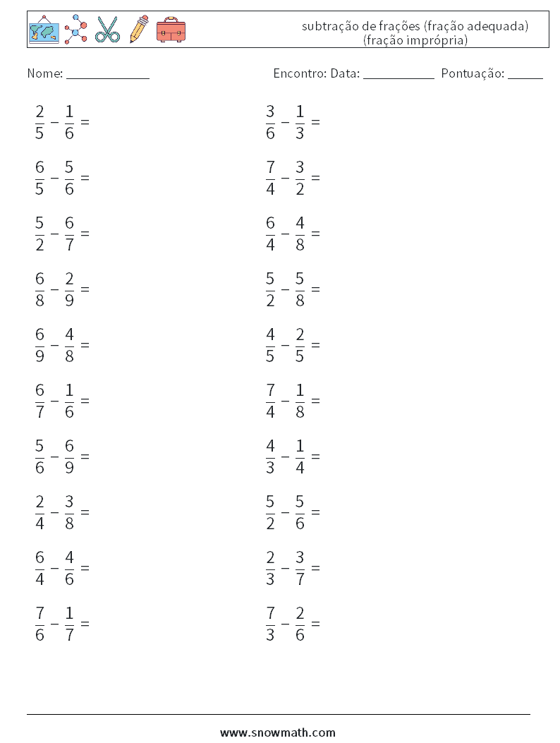 (20) subtração de frações (fração adequada) (fração imprópria) planilhas matemáticas 3