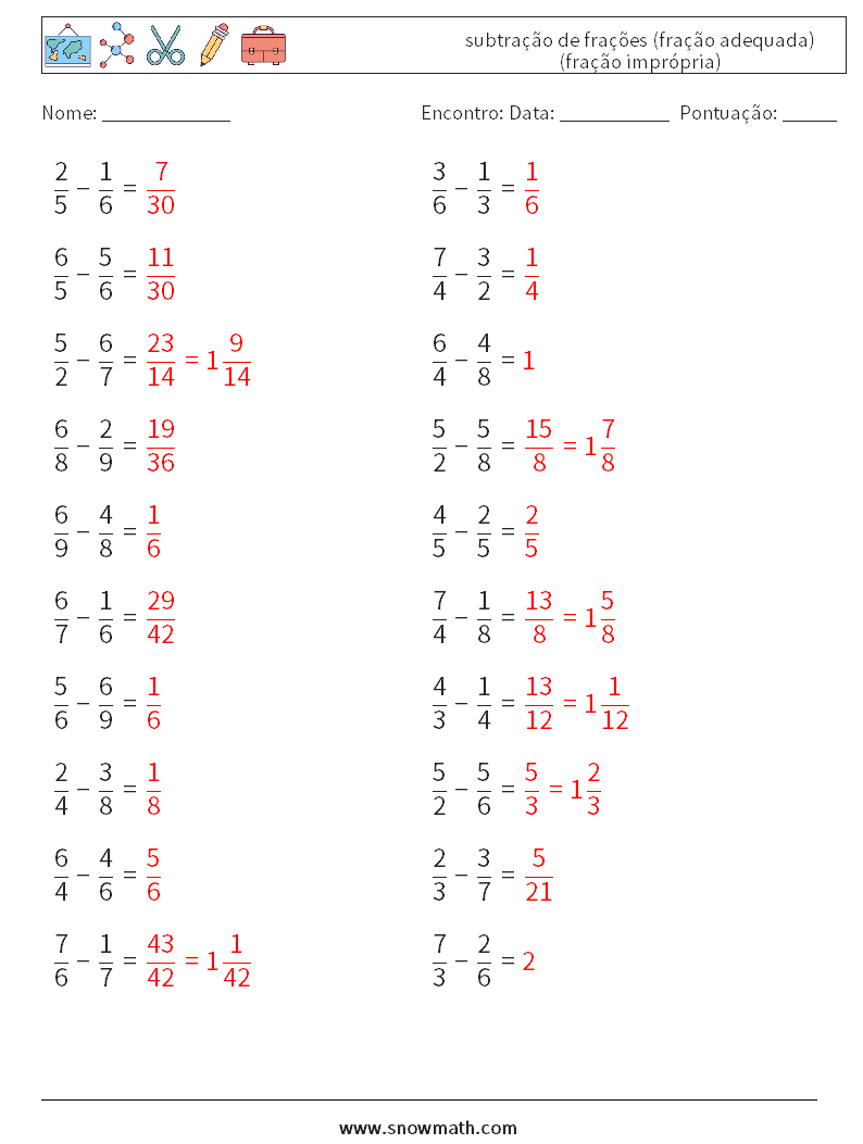 (20) subtração de frações (fração adequada) (fração imprópria) planilhas matemáticas 3 Pergunta, Resposta