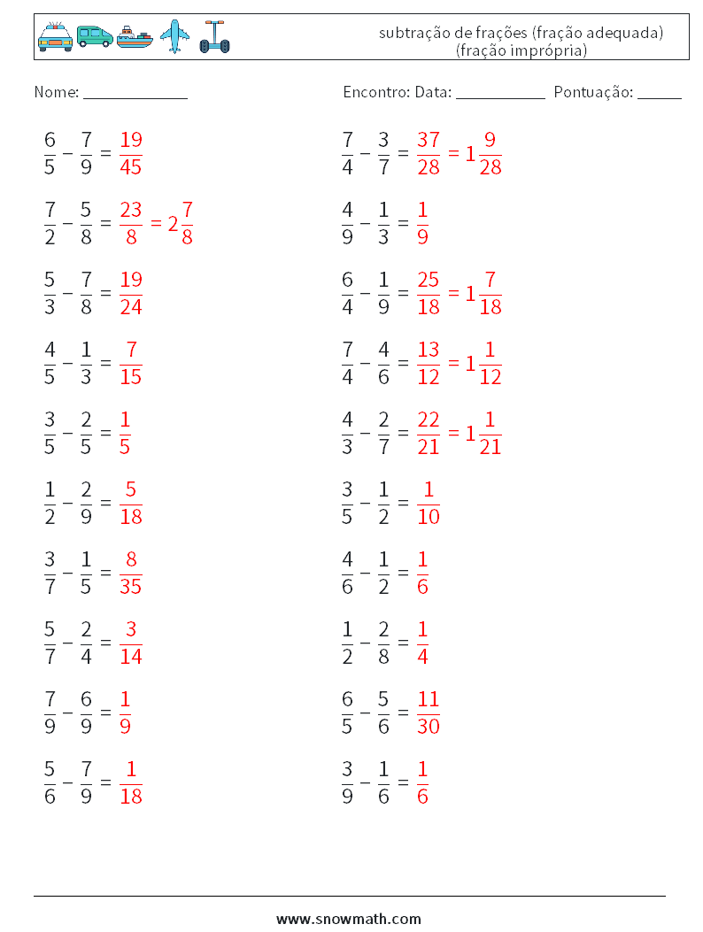 (20) subtração de frações (fração adequada) (fração imprópria) planilhas matemáticas 4 Pergunta, Resposta