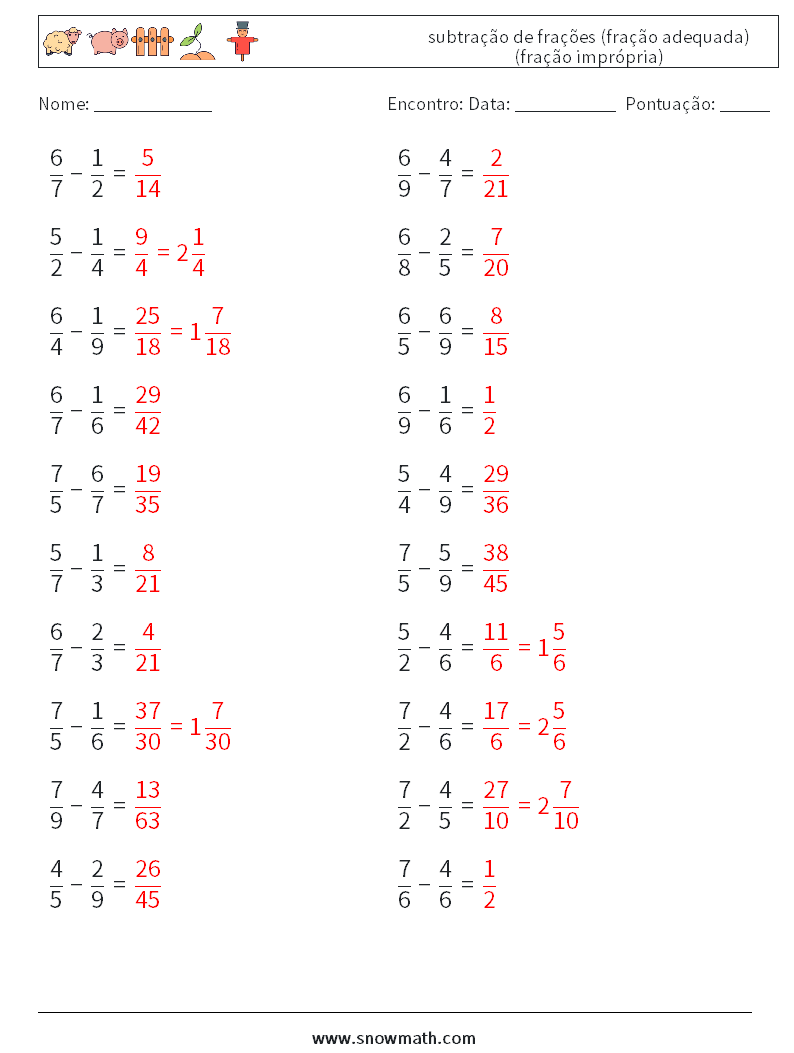 (20) subtração de frações (fração adequada) (fração imprópria) planilhas matemáticas 5 Pergunta, Resposta