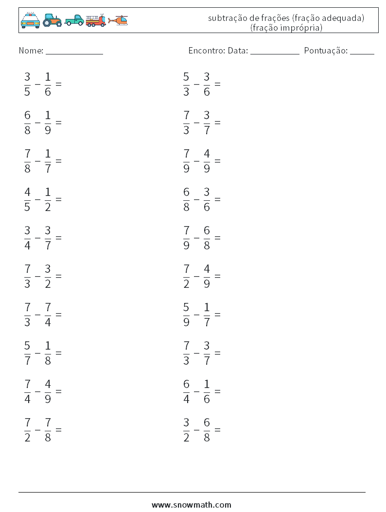 (20) subtração de frações (fração adequada) (fração imprópria) planilhas matemáticas 6