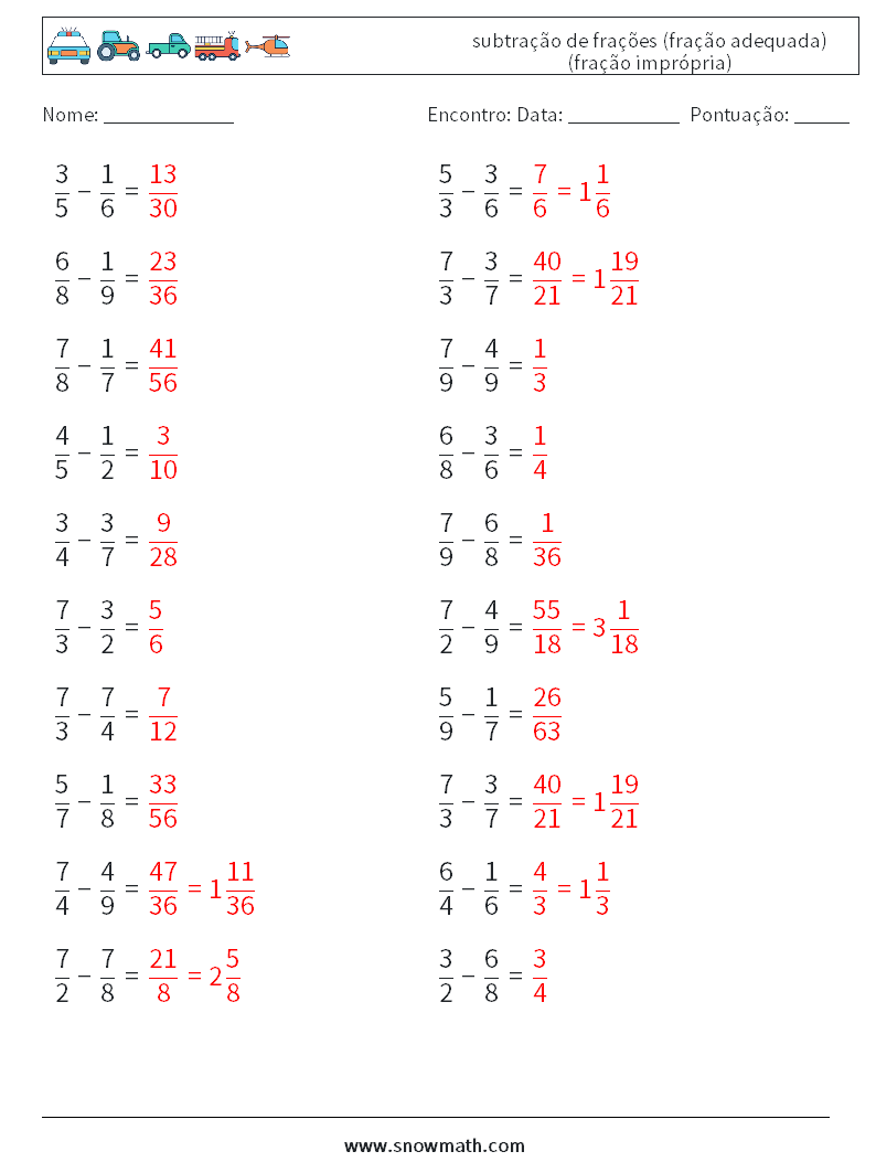 (20) subtração de frações (fração adequada) (fração imprópria) planilhas matemáticas 6 Pergunta, Resposta