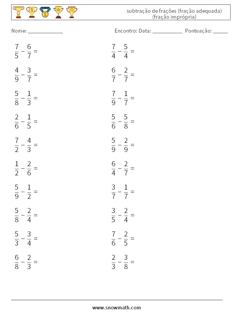(20) subtração de frações (fração adequada) (fração imprópria) planilhas matemáticas 7