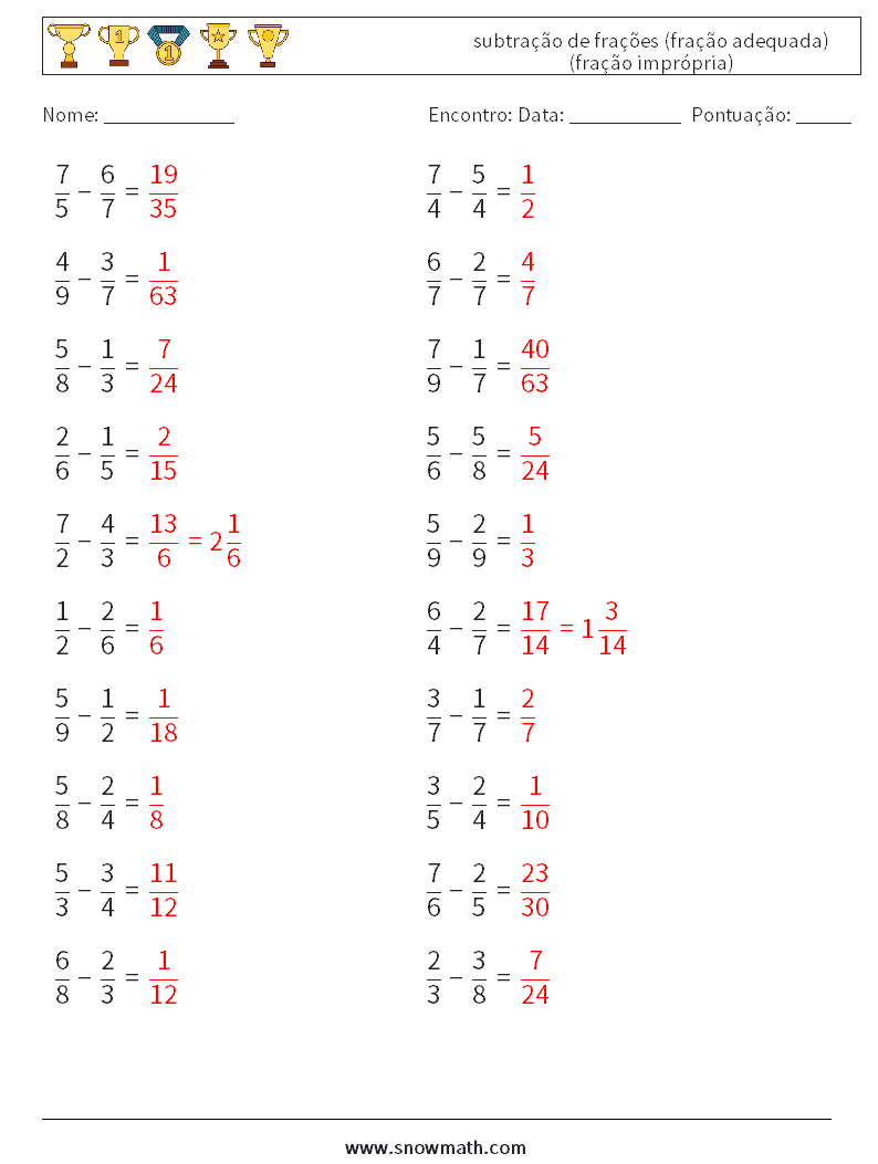 (20) subtração de frações (fração adequada) (fração imprópria) planilhas matemáticas 7 Pergunta, Resposta
