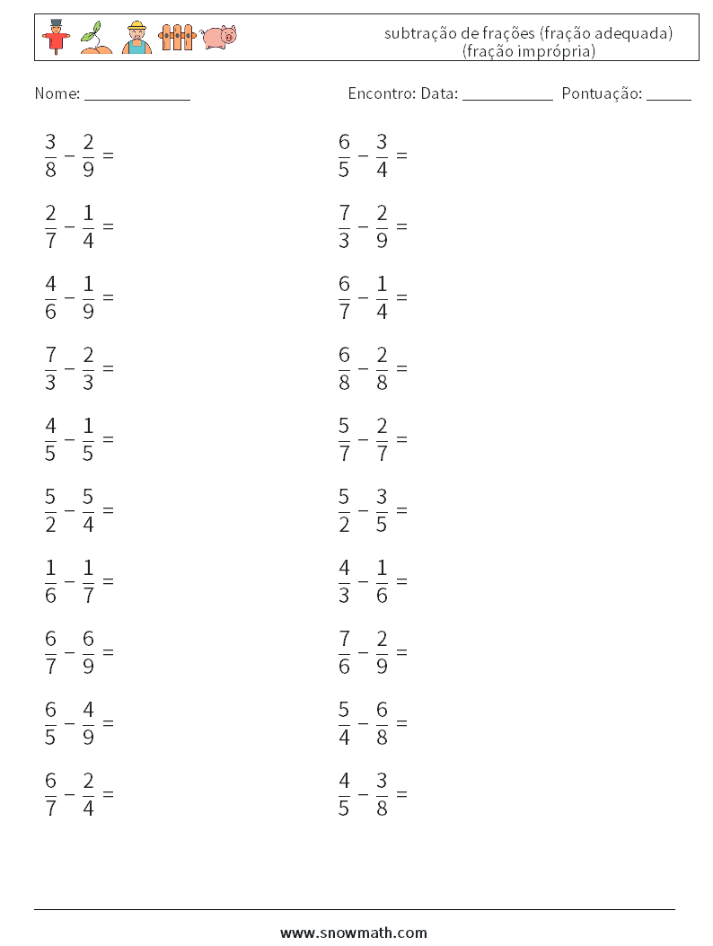 (20) subtração de frações (fração adequada) (fração imprópria) planilhas matemáticas 8