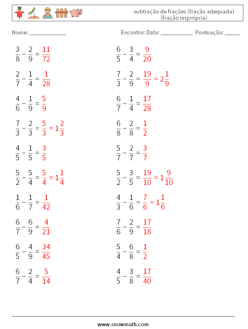 (20) subtração de frações (fração adequada) (fração imprópria) planilhas matemáticas 8 Pergunta, Resposta