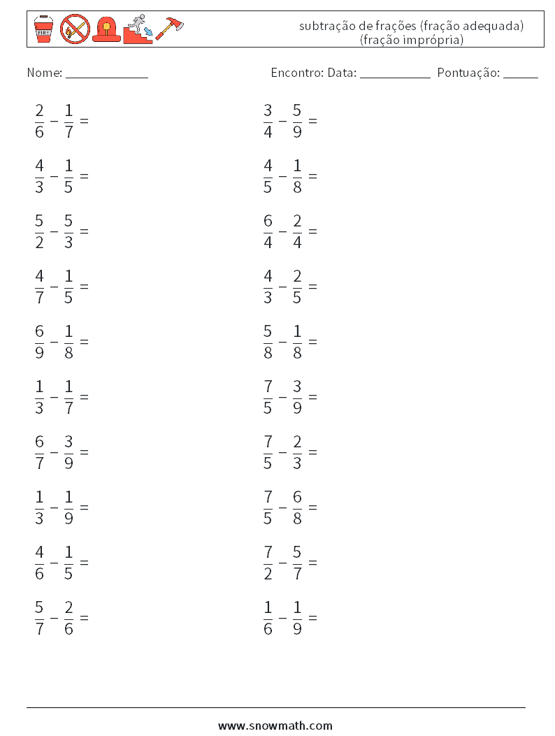 (20) subtração de frações (fração adequada) (fração imprópria) planilhas matemáticas 9
