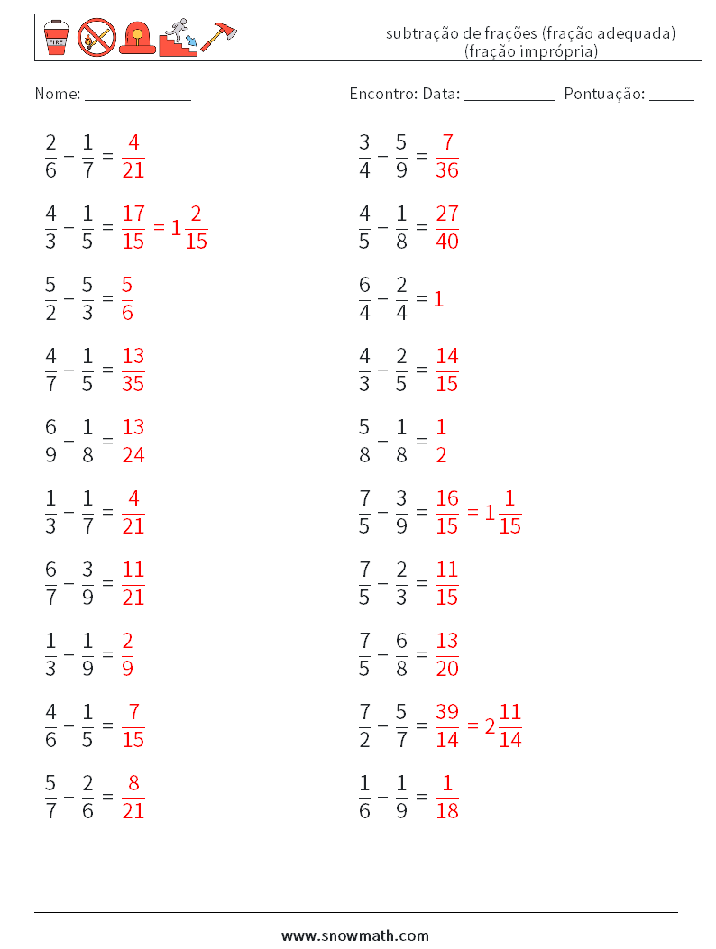 (20) subtração de frações (fração adequada) (fração imprópria) planilhas matemáticas 9 Pergunta, Resposta