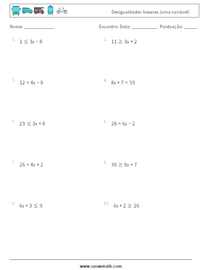 Desigualdades lineares (uma variável) planilhas matemáticas 1