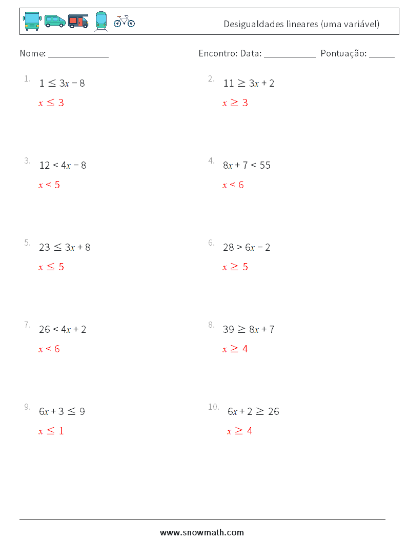 Desigualdades lineares (uma variável) planilhas matemáticas 1 Pergunta, Resposta