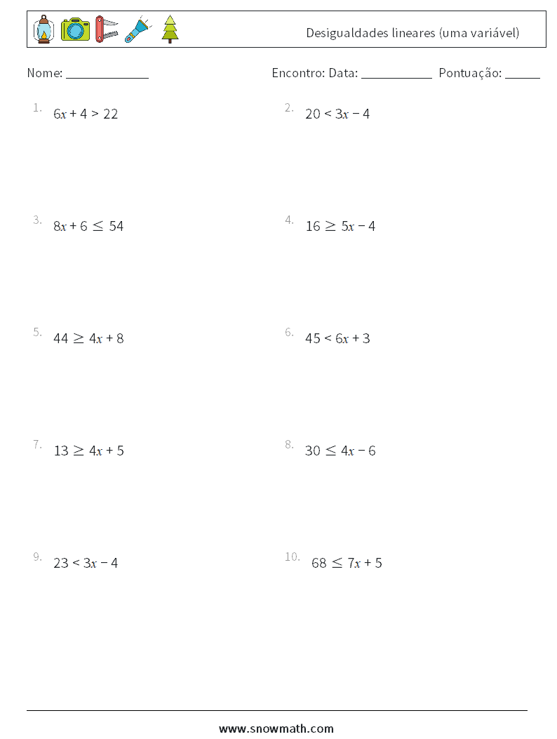 Desigualdades lineares (uma variável) planilhas matemáticas 3