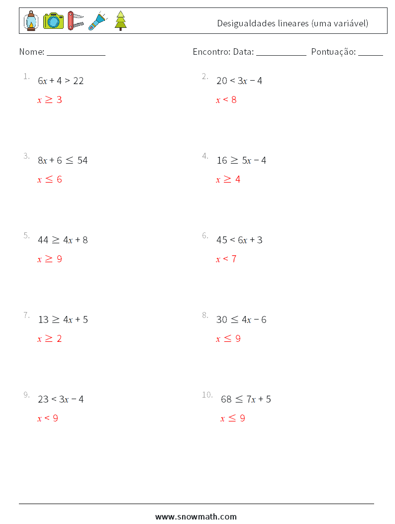 Desigualdades lineares (uma variável) planilhas matemáticas 3 Pergunta, Resposta